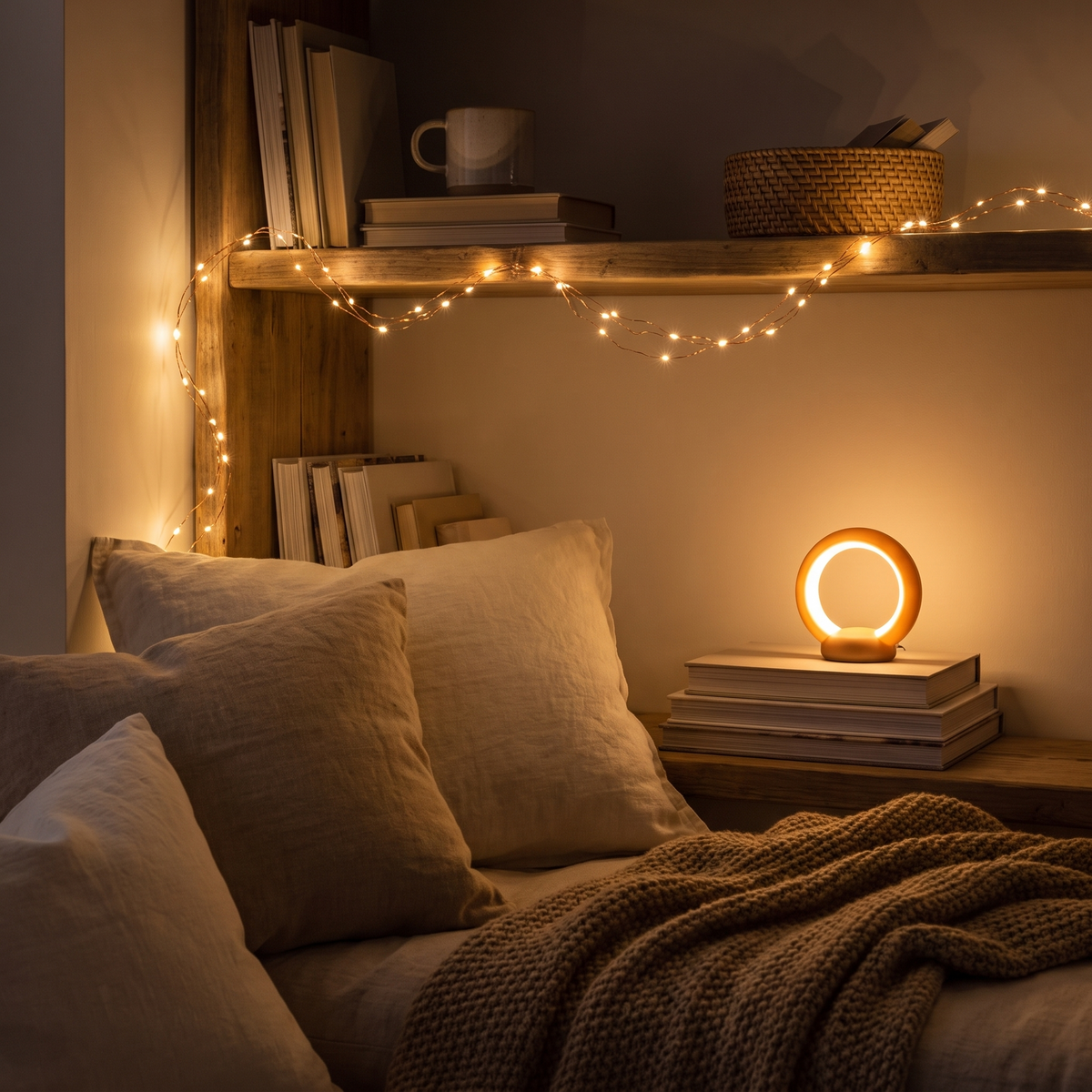 Fairy string lights and a night light in a reading nook