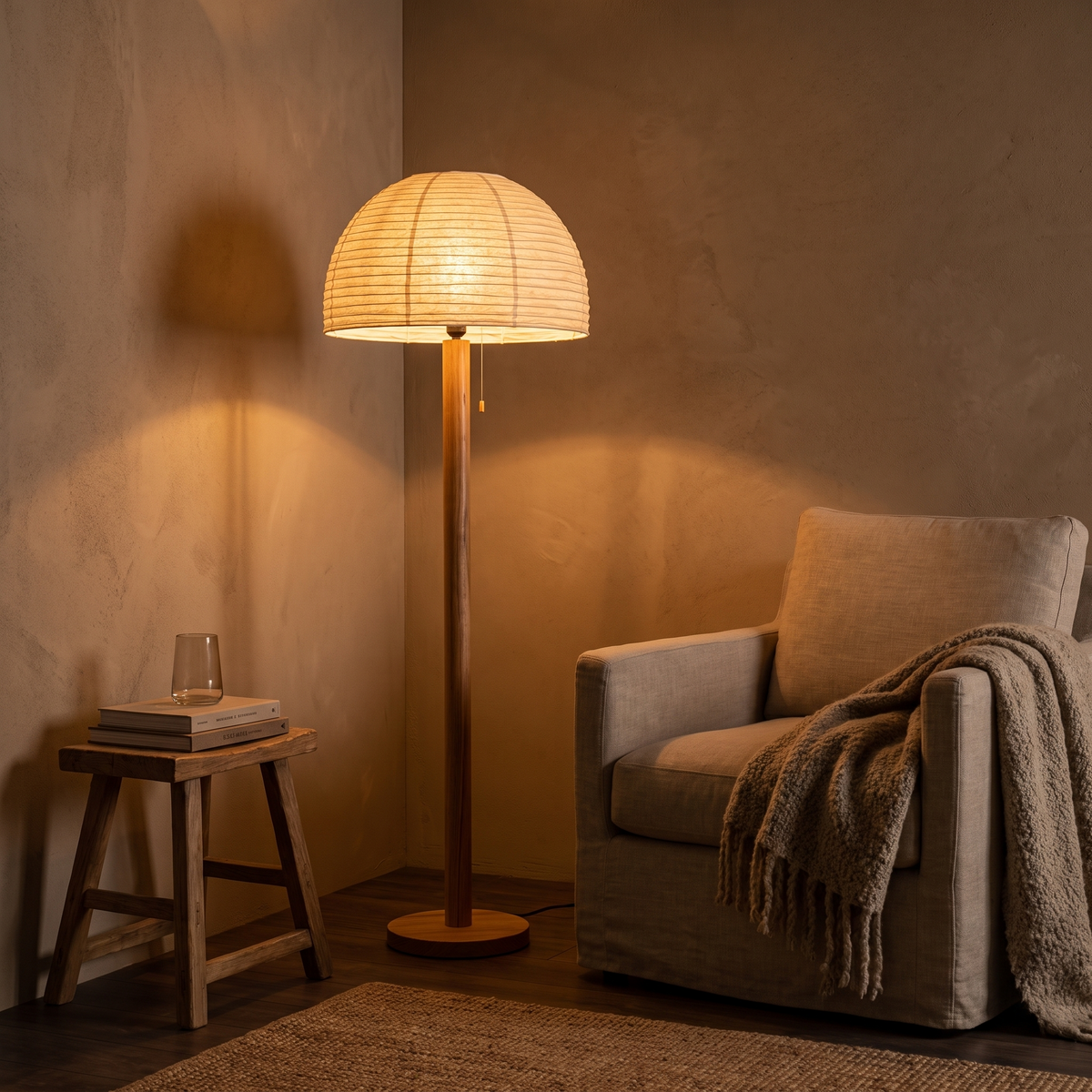 Wooden floor lamp in a cozy living room corner