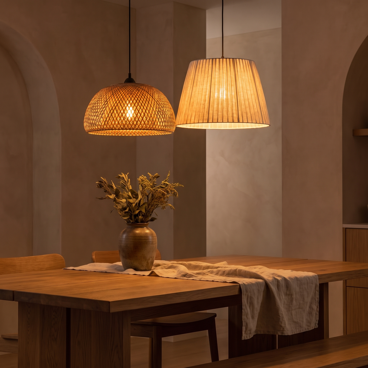 Pendant lights glowing over a wooden dining table