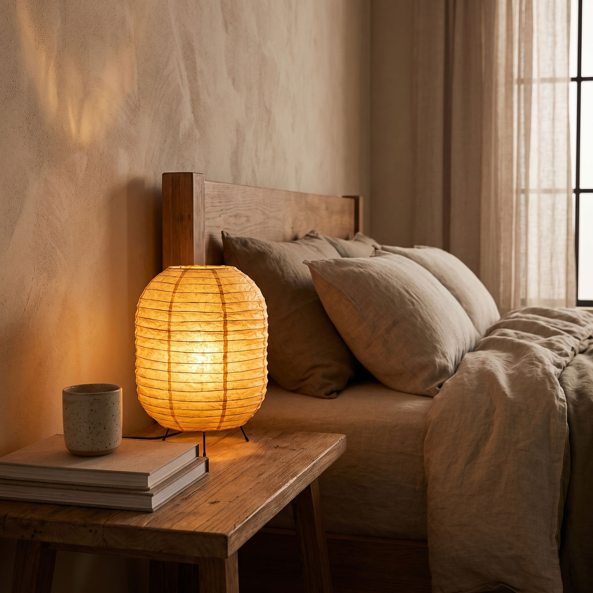 Rice paper table lamp on a bedside table