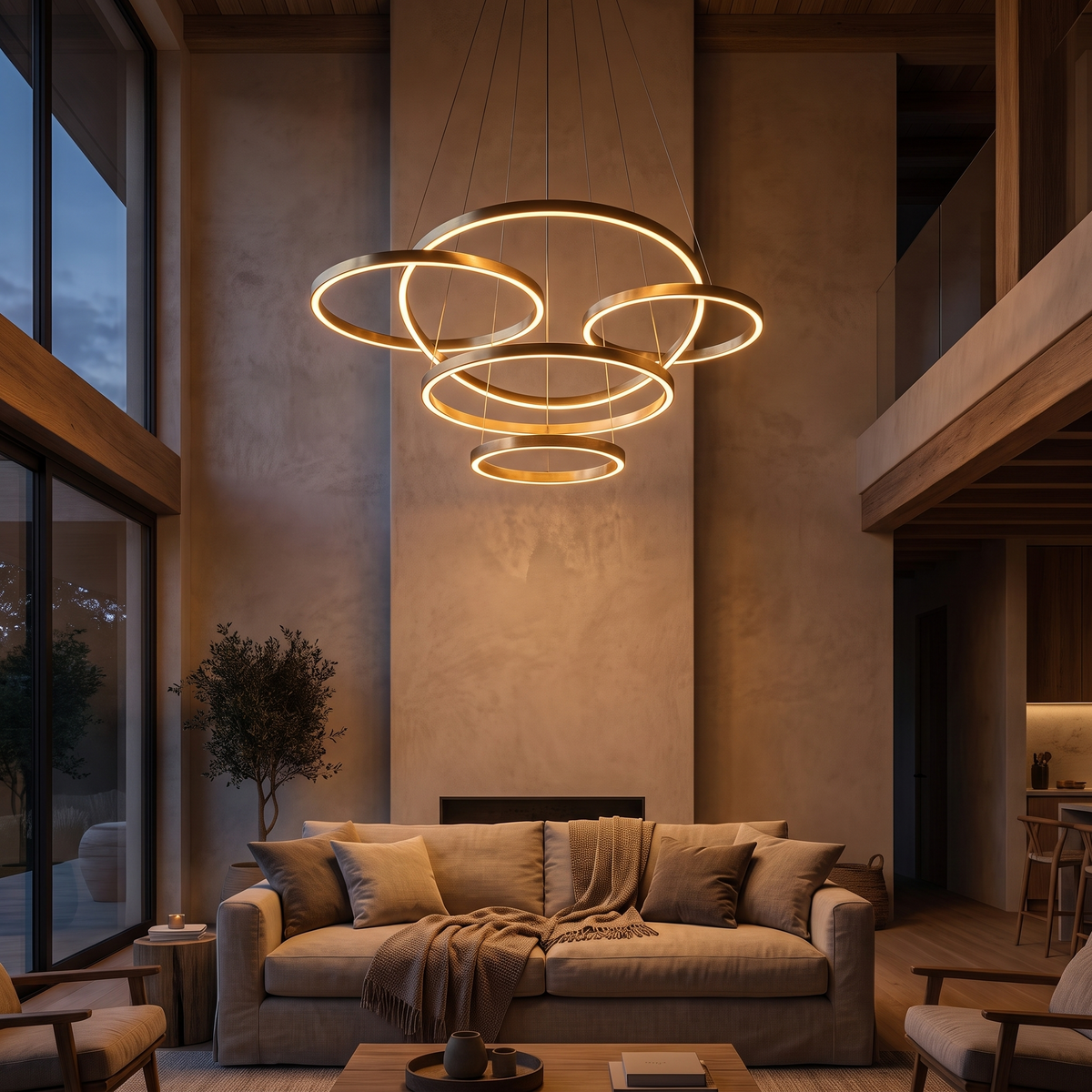 Modern ring chandelier in a tall living room