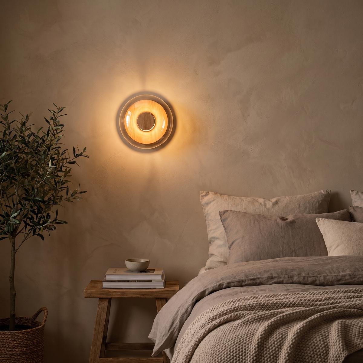 Round wall sconce glowing beside a bed