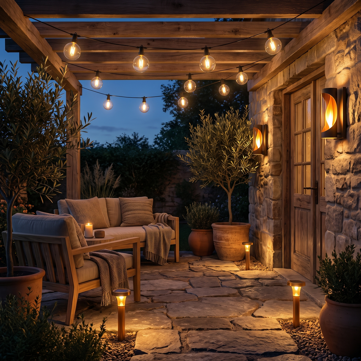 Garden patio lit by solar string and pathway lights at dusk