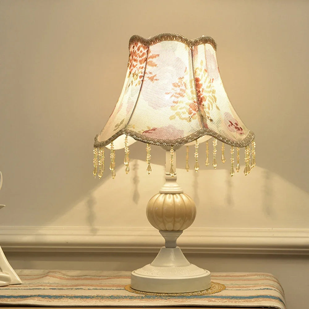 Gold Table Lamp – European Style Bedside Lamp with Fabric Shade, Retro Nightstand Lamp in Gold or White Base for Bedroom, Living Room & Guest Room