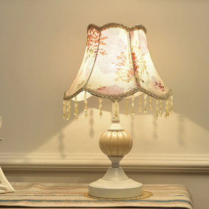 Gold Table Lamp – European Style Bedside Lamp with Fabric Shade, Retro Nightstand Lamp in Gold or White Base for Bedroom, Living Room & Guest Room