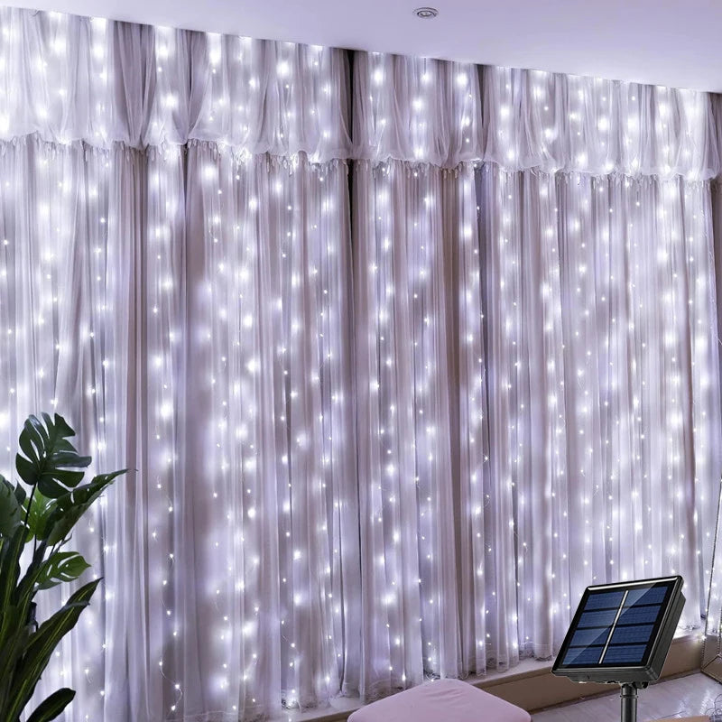Solar Curtain Lights Outdoor – Copper Wire Fairy Lights, IP65 Waterproof Hanging String Lights, 8 Modes for Window, Patio, Garden & Wedding