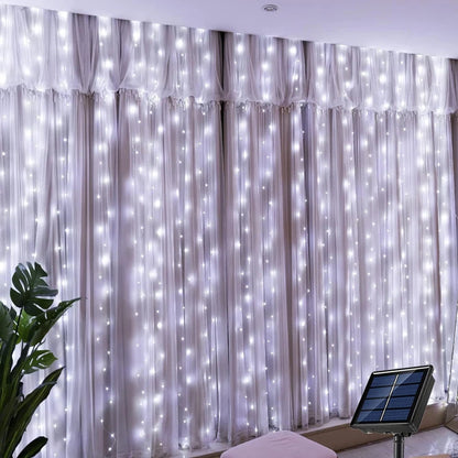 Solar Curtain Lights Outdoor – Copper Wire Fairy Lights, IP65 Waterproof Hanging String Lights, 8 Modes for Window, Patio, Garden & Wedding