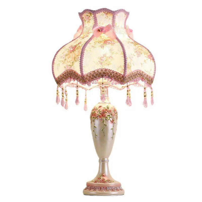 Bedside Table Lamp – Vintage European Nightstand Lamp with Fabric Shade and Resin Base, Country Style Bedroom Lamp for Living Room, Entryway & Wedding