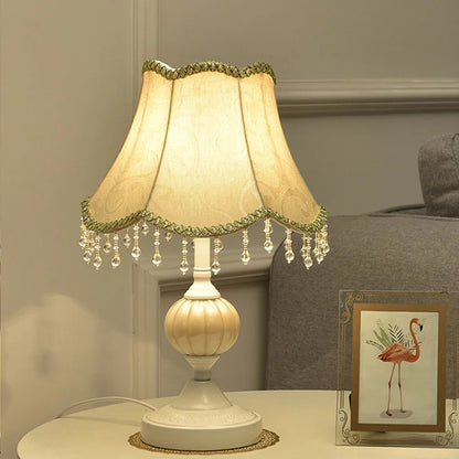 Gold Table Lamp – European Style Bedside Lamp with Fabric Shade, Retro Nightstand Lamp in Gold or White Base for Bedroom, Living Room & Guest Room