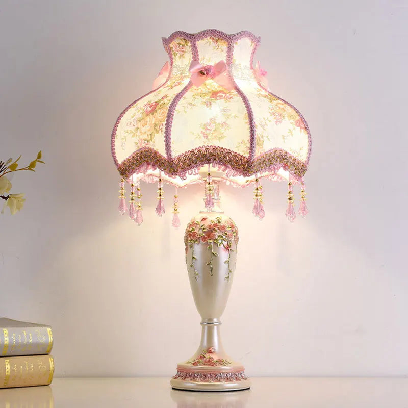 Bedside Table Lamp – Vintage European Nightstand Lamp with Fabric Shade and Resin Base, Country Style Bedroom Lamp for Living Room, Entryway & Wedding
