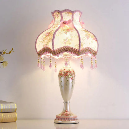 Bedside Table Lamp – Vintage European Nightstand Lamp with Fabric Shade and Resin Base, Country Style Bedroom Lamp for Living Room, Entryway & Wedding