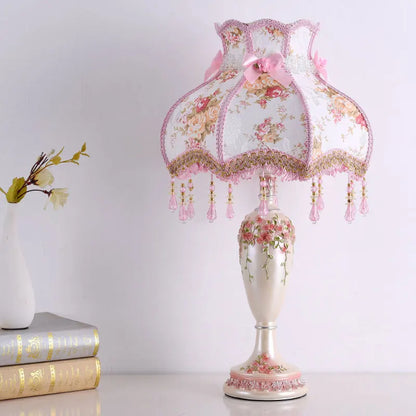 Bedside Table Lamp – Vintage European Nightstand Lamp with Fabric Shade and Resin Base, Country Style Bedroom Lamp for Living Room, Entryway & Wedding