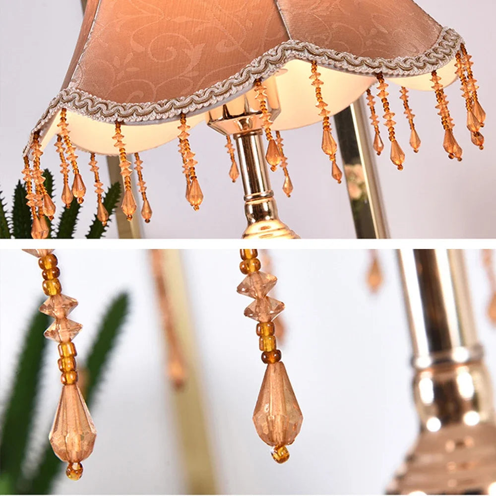 Gold Table Lamp – European Style Bedside Lamp with Fabric Shade, Retro Nightstand Lamp in Gold or White Base for Bedroom, Living Room & Guest Room