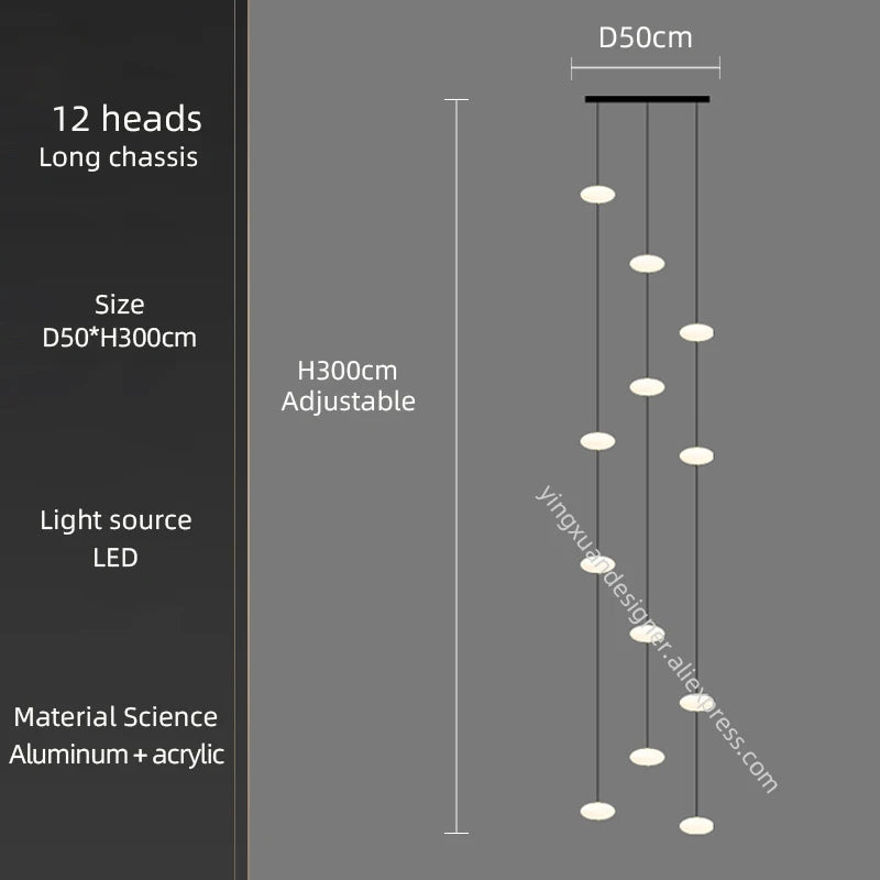 LED Staircase Chandelier – Modern Long Pendant Light for High Ceilings, Multi-Head Acrylic Stairwell Chandelier for Foyer, Entryway & Living Room