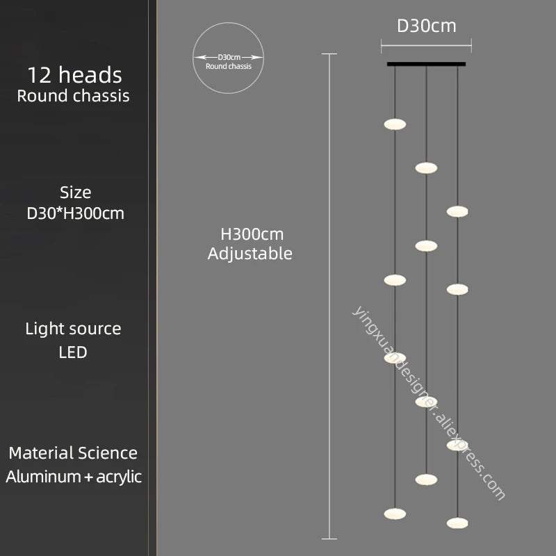 LED Staircase Chandelier – Modern Long Pendant Light for High Ceilings, Multi-Head Acrylic Stairwell Chandelier for Foyer, Entryway & Living Room