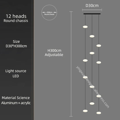 LED Staircase Chandelier – Modern Long Pendant Light for High Ceilings, Multi-Head Acrylic Stairwell Chandelier for Foyer, Entryway & Living Room