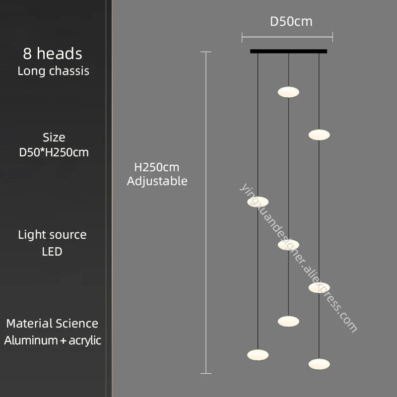 LED Staircase Chandelier – Modern Long Pendant Light for High Ceilings, Multi-Head Acrylic Stairwell Chandelier for Foyer, Entryway & Living Room