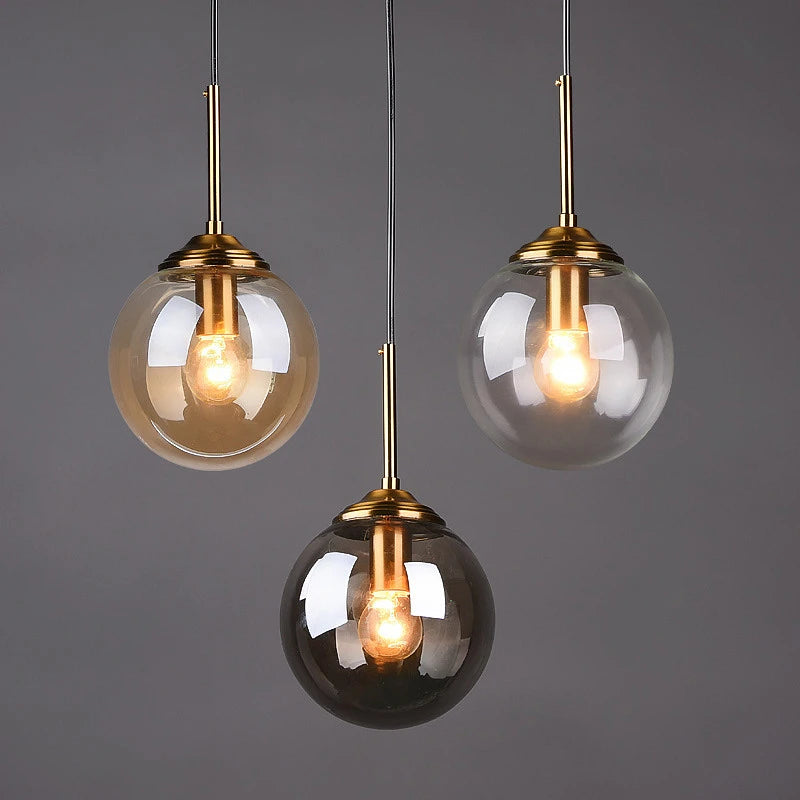Glass Pendant Light – Nordic Kitchen Island Lighting in Amber, Clear or Smoky Grey Glass, Single, 3 or 5 Head Hanging Light Fixture for Dining Room