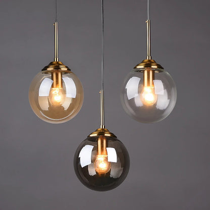 Glass Pendant Light – Nordic Kitchen Island Lighting in Amber, Clear or Smoky Grey Glass, Single, 3 or 5 Head Hanging Light Fixture for Dining Room