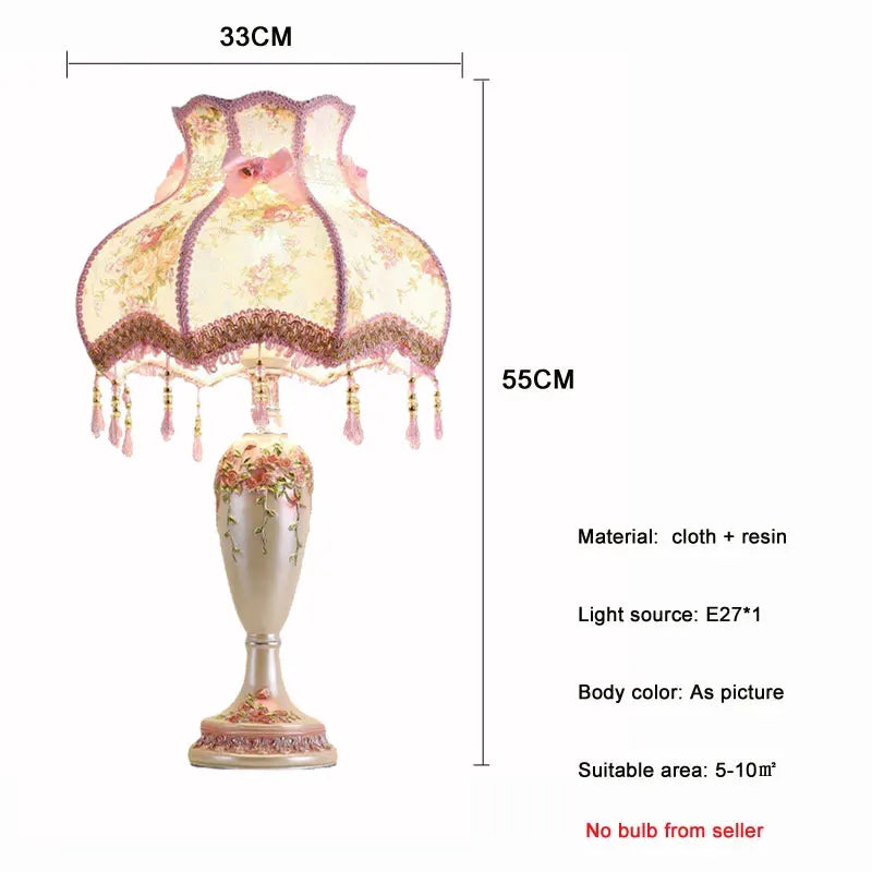 Bedside Table Lamp – Vintage European Nightstand Lamp with Fabric Shade and Resin Base, Country Style Bedroom Lamp for Living Room, Entryway & Wedding