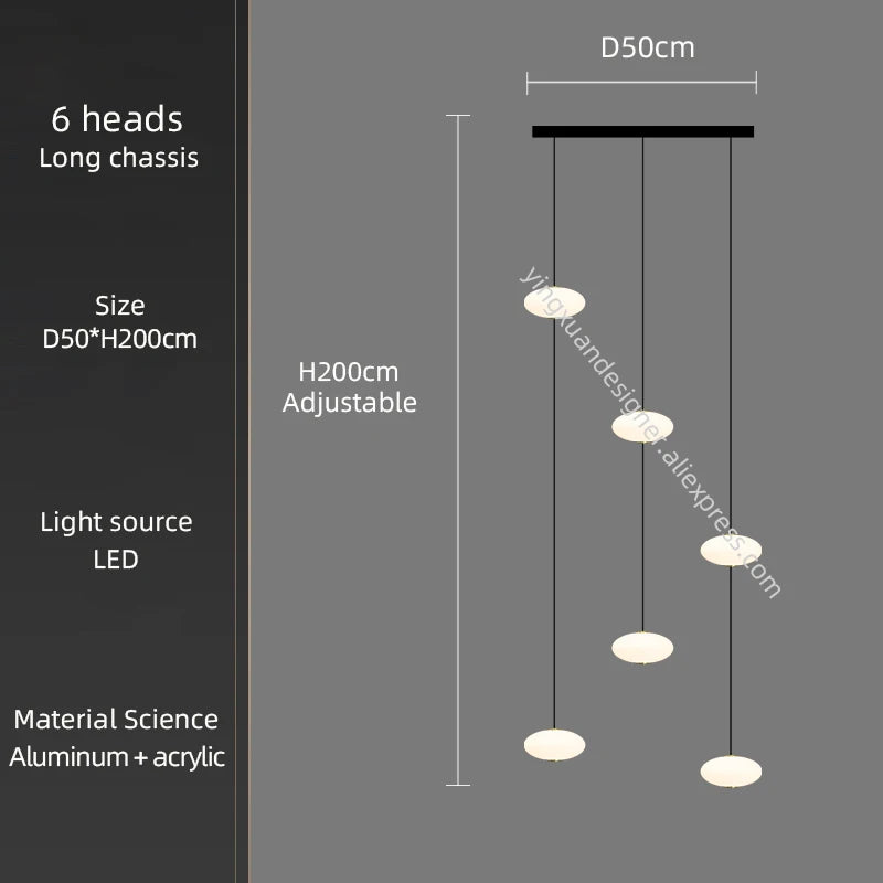 LED Staircase Chandelier – Modern Long Pendant Light for High Ceilings, Multi-Head Acrylic Stairwell Chandelier for Foyer, Entryway & Living Room
