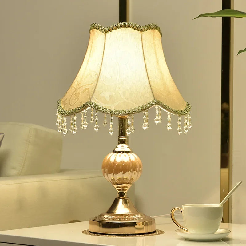 Gold Table Lamp – European Style Bedside Lamp with Fabric Shade, Retro Nightstand Lamp in Gold or White Base for Bedroom, Living Room & Guest Room