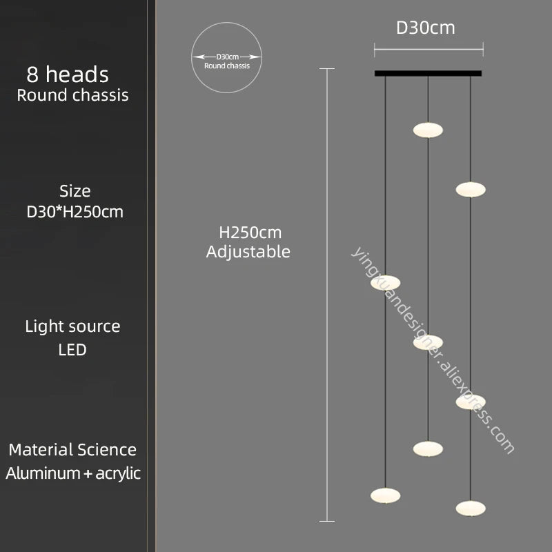 LED Staircase Chandelier – Modern Long Pendant Light for High Ceilings, Multi-Head Acrylic Stairwell Chandelier for Foyer, Entryway & Living Room