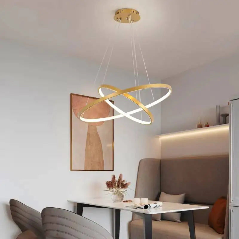 Modern Ring Chandelier – Nordic LED Circle Light Fixture, 1 to 4 Rings, Dimmable with Remote, Gold, Black or White for Dining & Living Room
