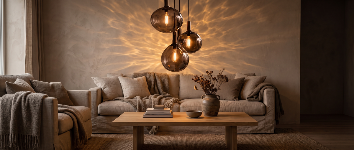 Living room lit by smoked glass pendant lights at dusk
