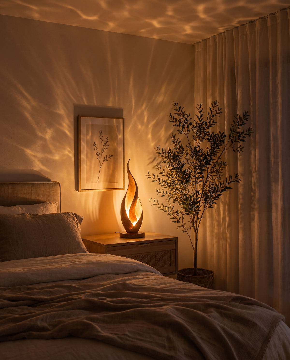 Wooden table lamp glowing beside a bed at night