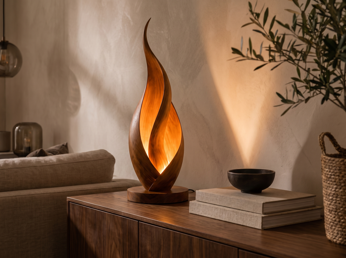 Sculptural wooden table lamp on a walnut sideboard
