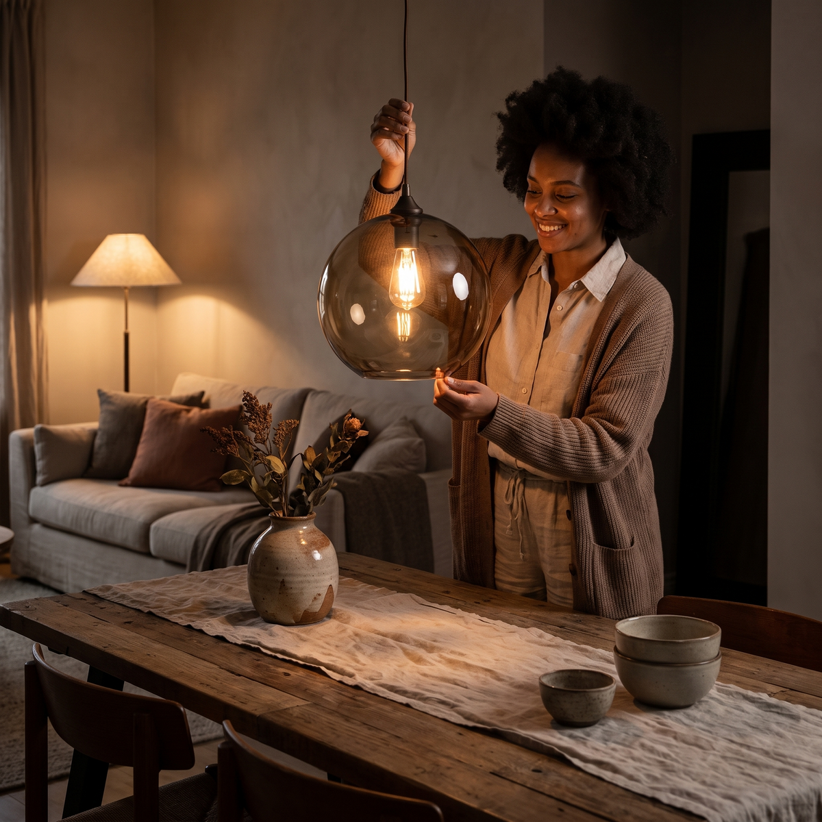 Woman adjusting a glass pendant over a dining table