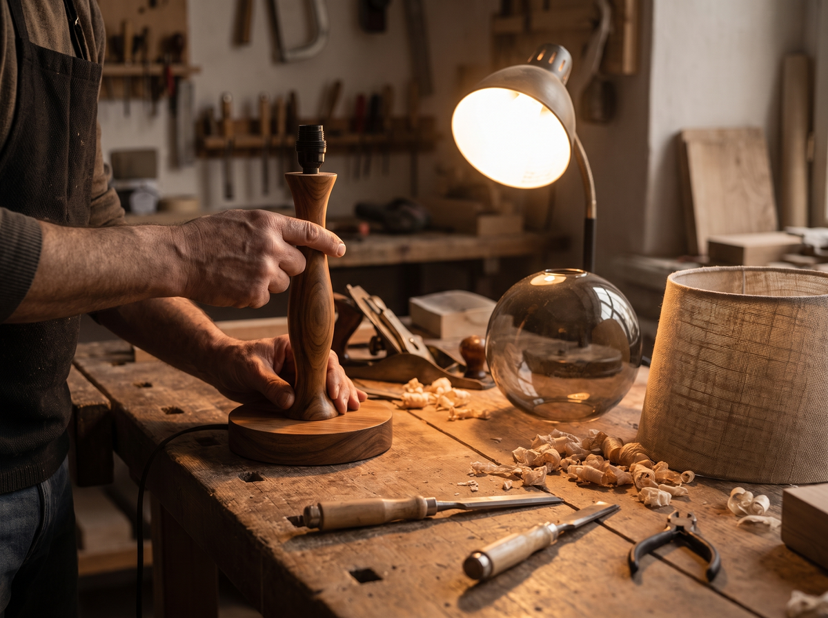 Artisan hands assembling a handmade lamp