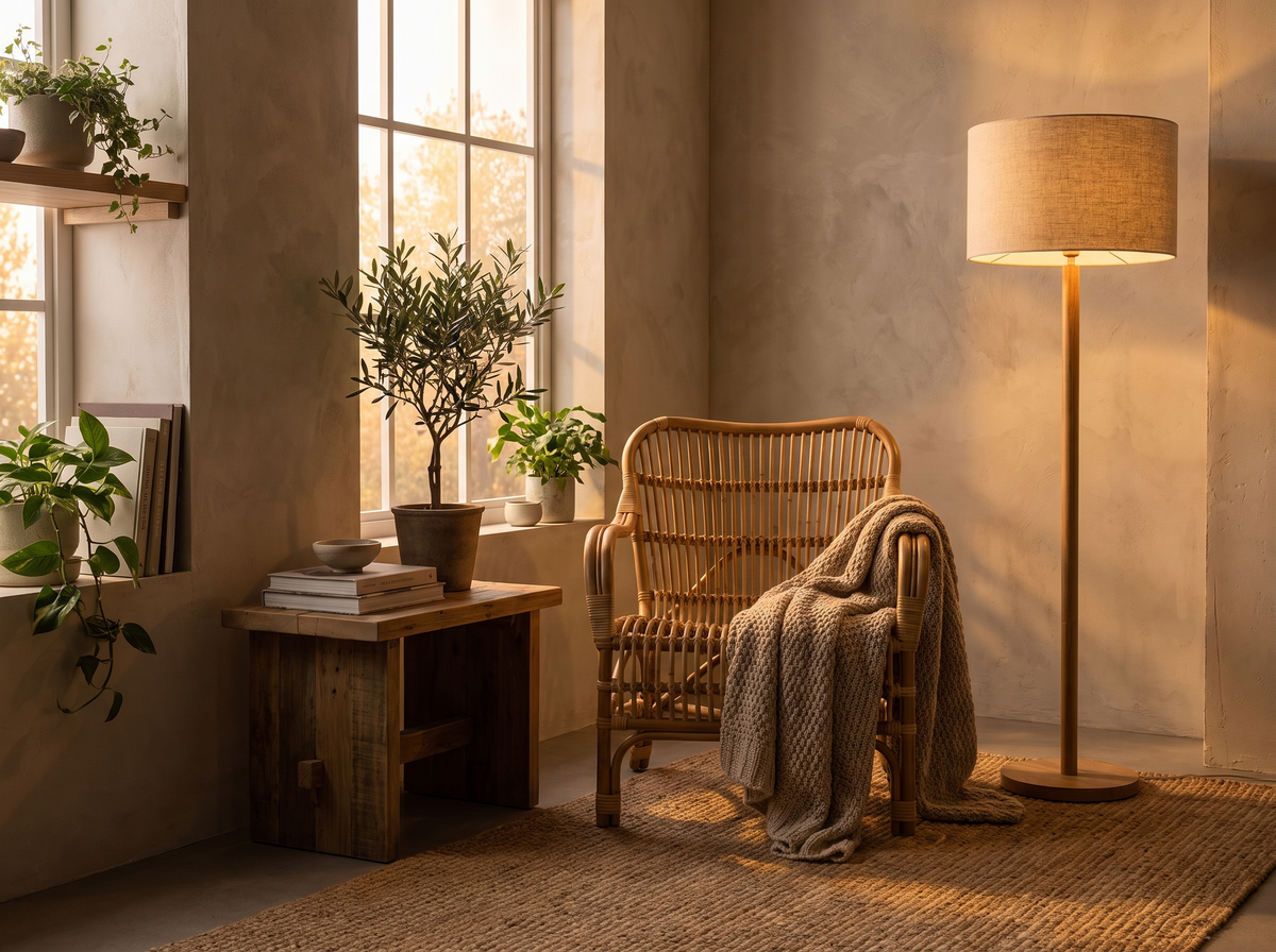 Linen floor lamp in a reading corner with plants