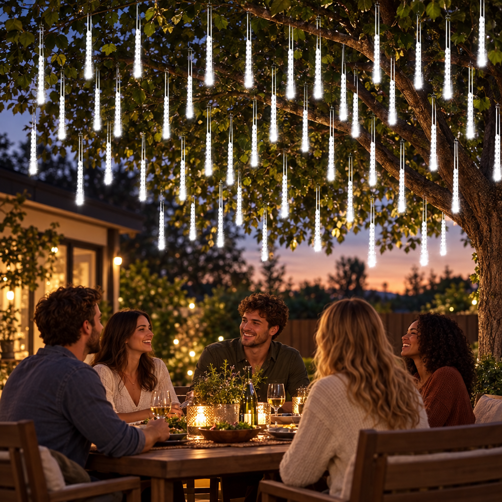 Solar meteor shower lights, white, at a backyard dinner party