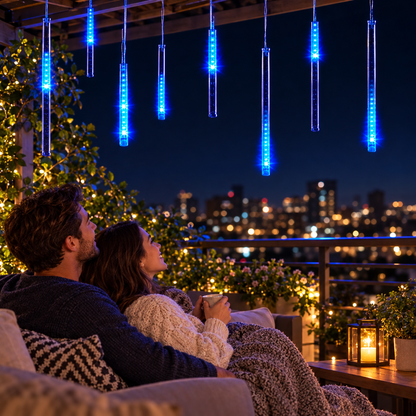 Solar meteor shower lights, blue, on a balcony at night