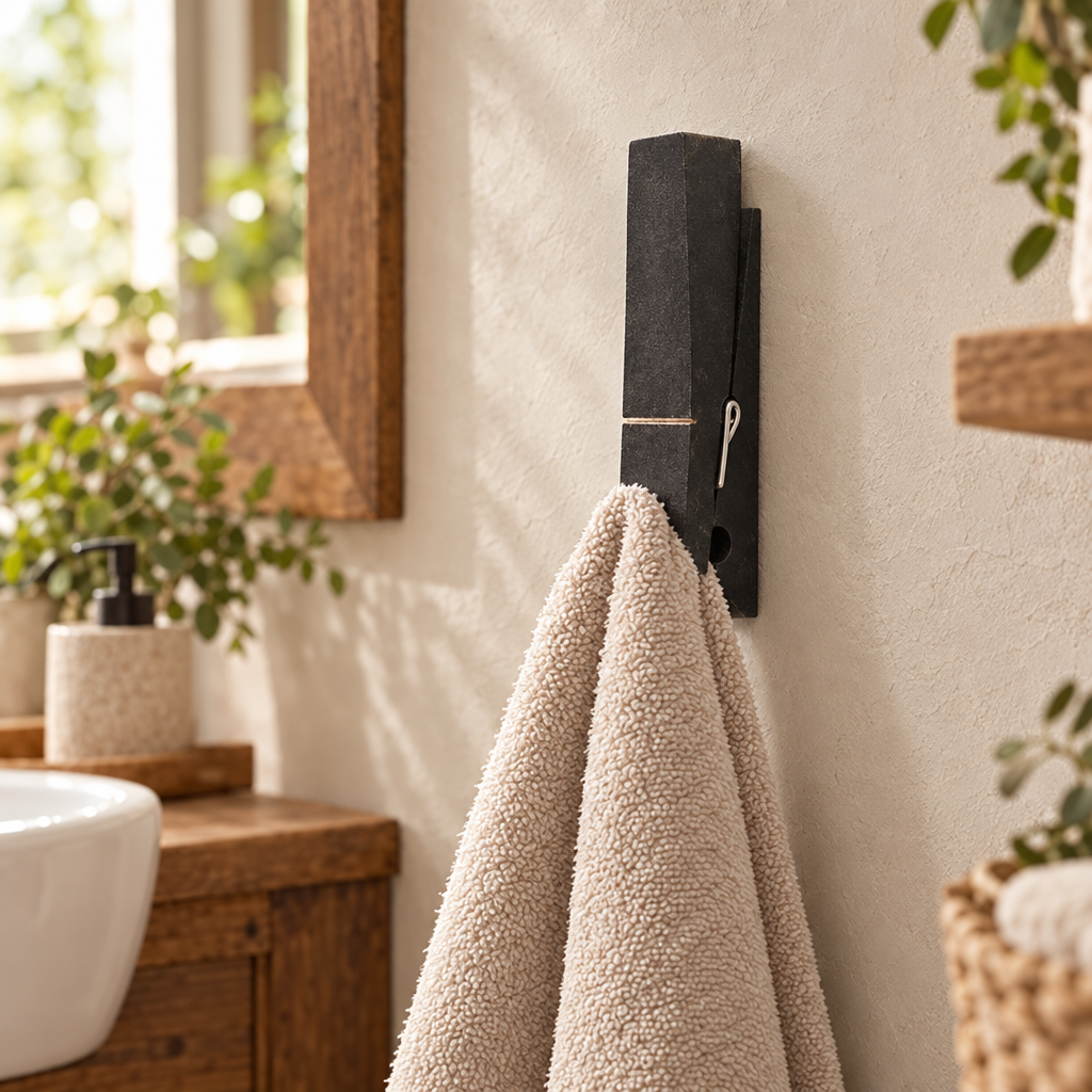 Clothespin Bathroom Towel Holder Wooden Giant Towel Clip Wall Mounted in use, lifestyle photo