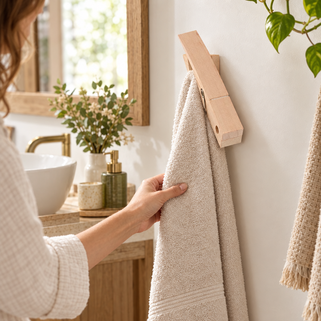 Clothespin Bathroom Towel Holder Wooden Giant Towel Clip Wall Mounted in use, lifestyle photo