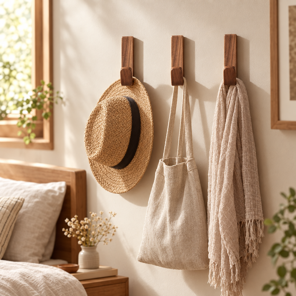 Rustic Wooden Wall Hooks Handmade Decorative Coat and Hat Hangers Idea in use, lifestyle photo