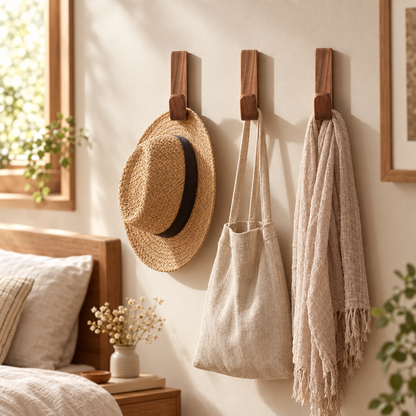 Rustic Wooden Wall Hooks Handmade Decorative Coat and Hat Hangers Idea in use, lifestyle photo