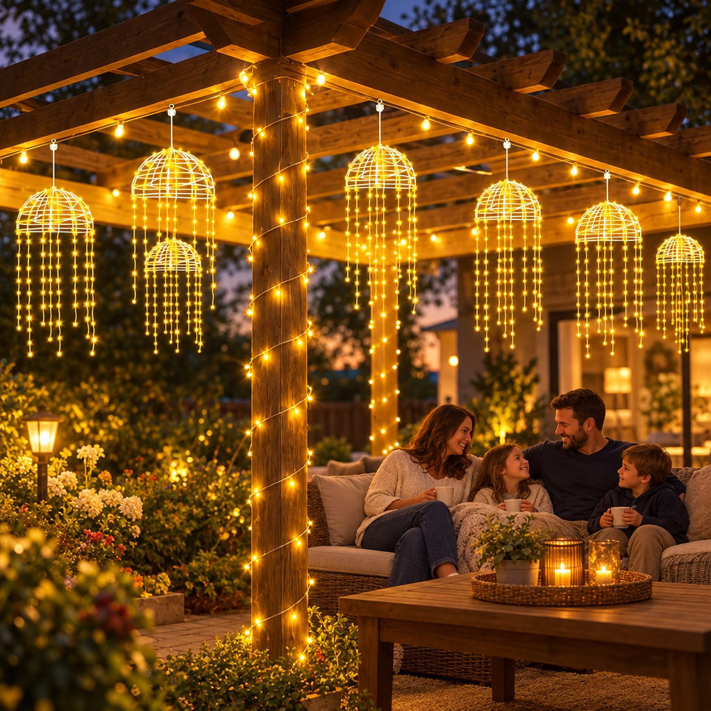 2/4Pcs Outdoor Solar LED Hanging Jellyfish Lights in use, lifestyle photo