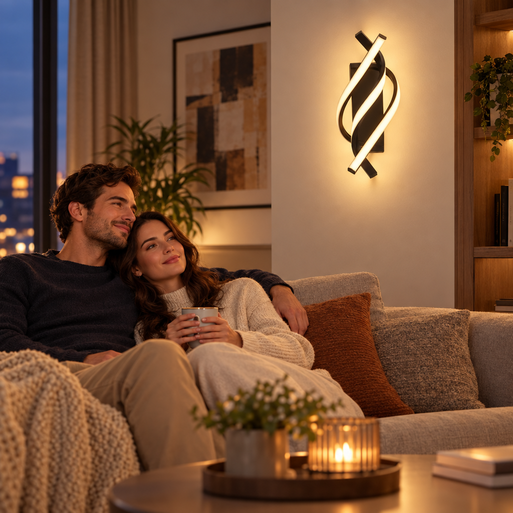 Curved Spiral Design LED Wall Lamp for Bedroom Bedside Corridor Living in use, lifestyle photo