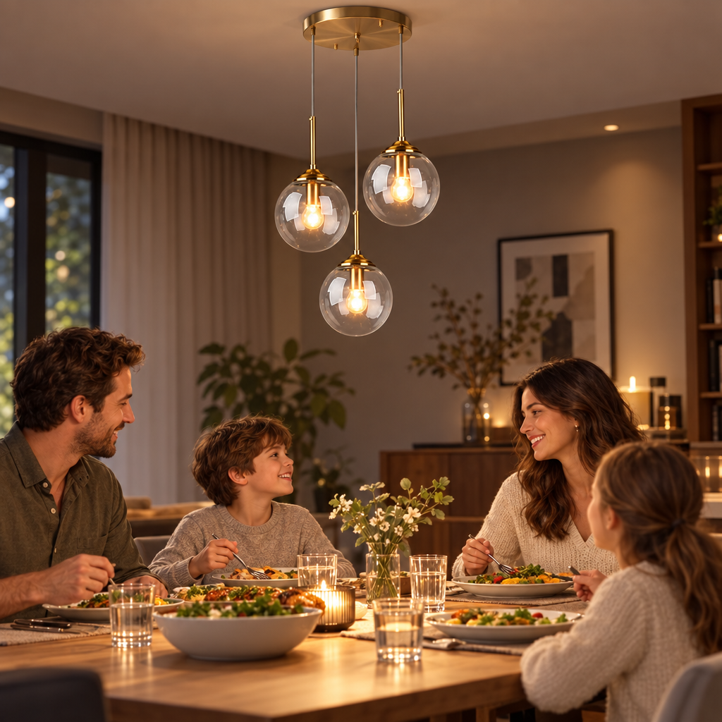 Modern Luxury Metal Chandelier Nordic Creative LED Glass Pendant Lamp  in use, lifestyle photo