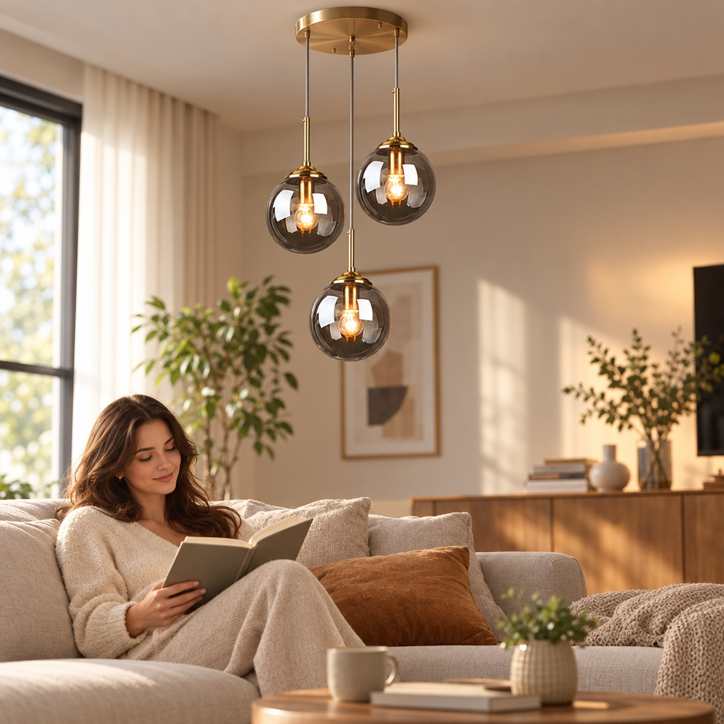 Modern Luxury Metal Chandelier Nordic Creative LED Glass Pendant Lamp  in use, lifestyle photo