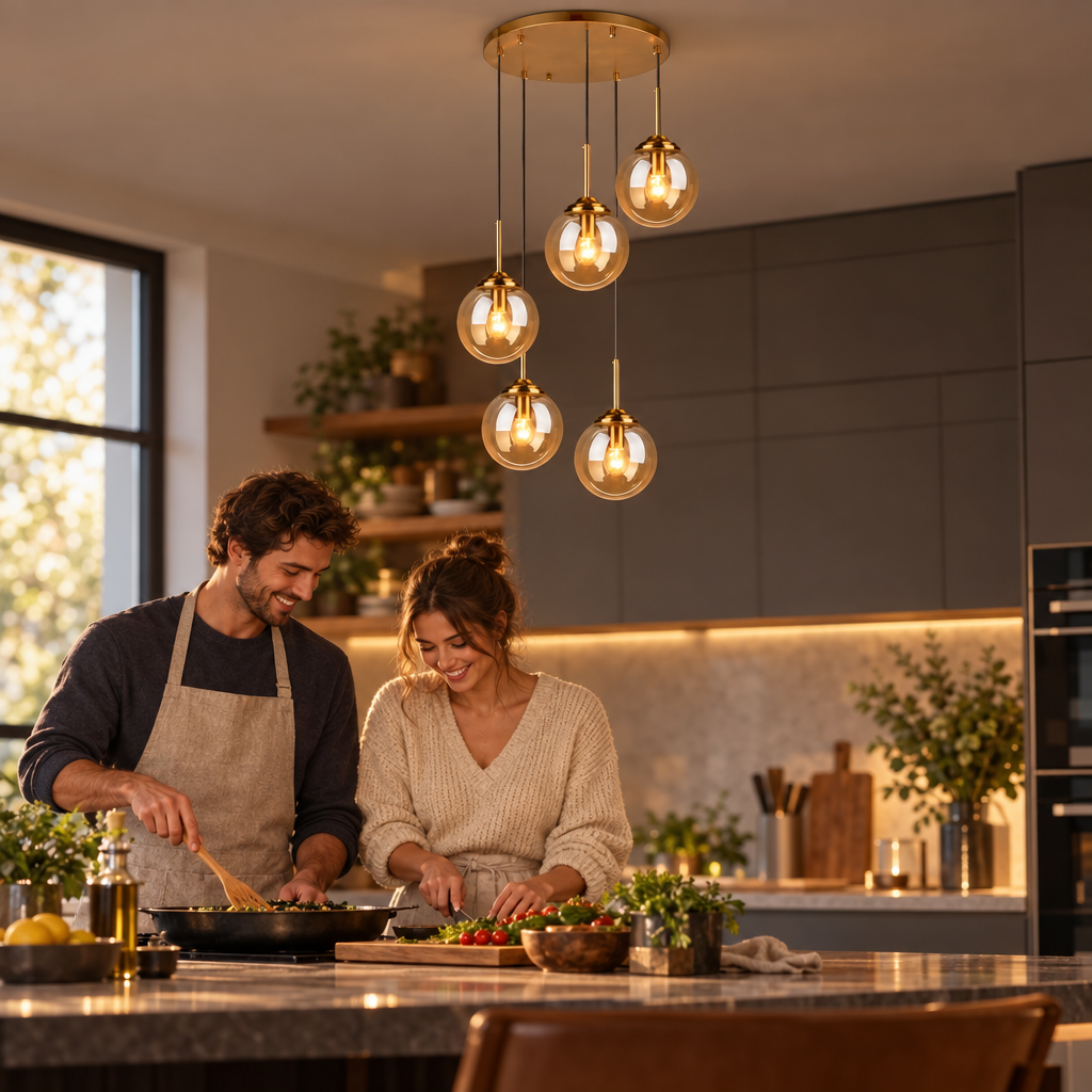 Modern Luxury Metal Chandelier Nordic Creative LED Glass Pendant Lamp  in use, lifestyle photo