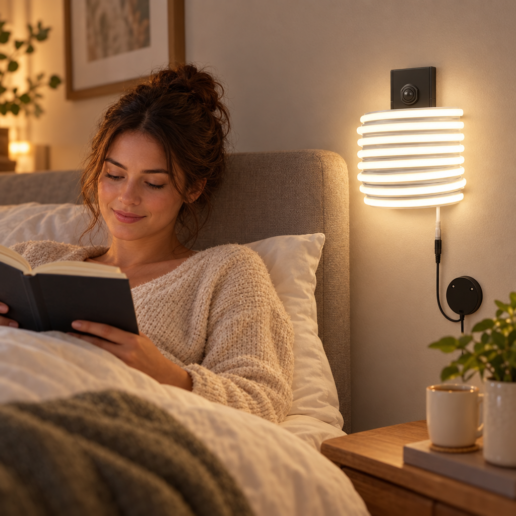 24V Wireless PlR Motion Sensor COB LED Neon Strip NightLight for Bed B in use, lifestyle photo