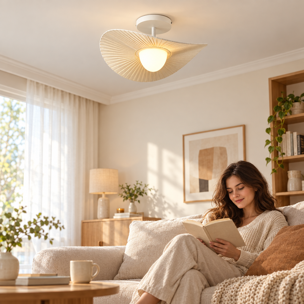 Nordic Beige Pleated Fabric Led Pendant Lights Bar Droplight Art Decor in use, lifestyle photo