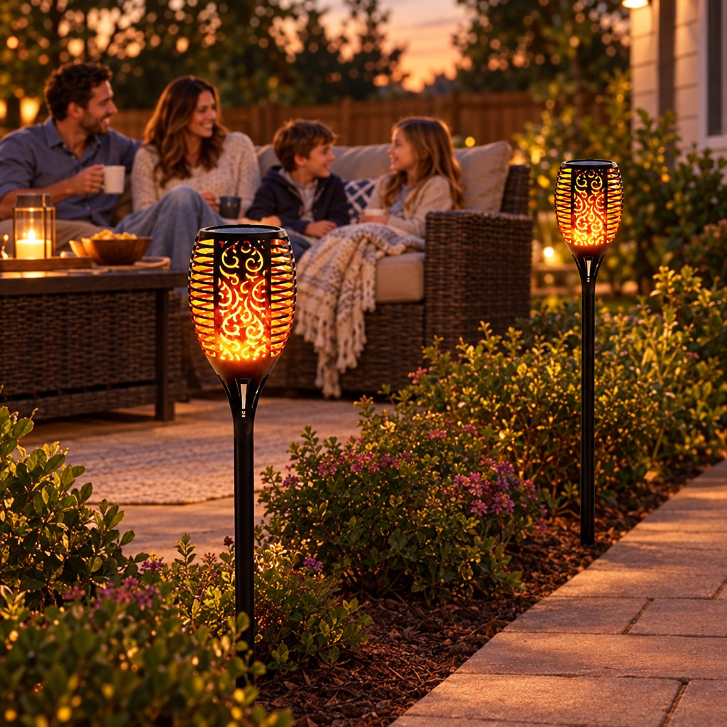 1/2/4Pack 96LED Solar Lights Flame Flickering Torch Outdoor Waterproof in use, lifestyle photo
