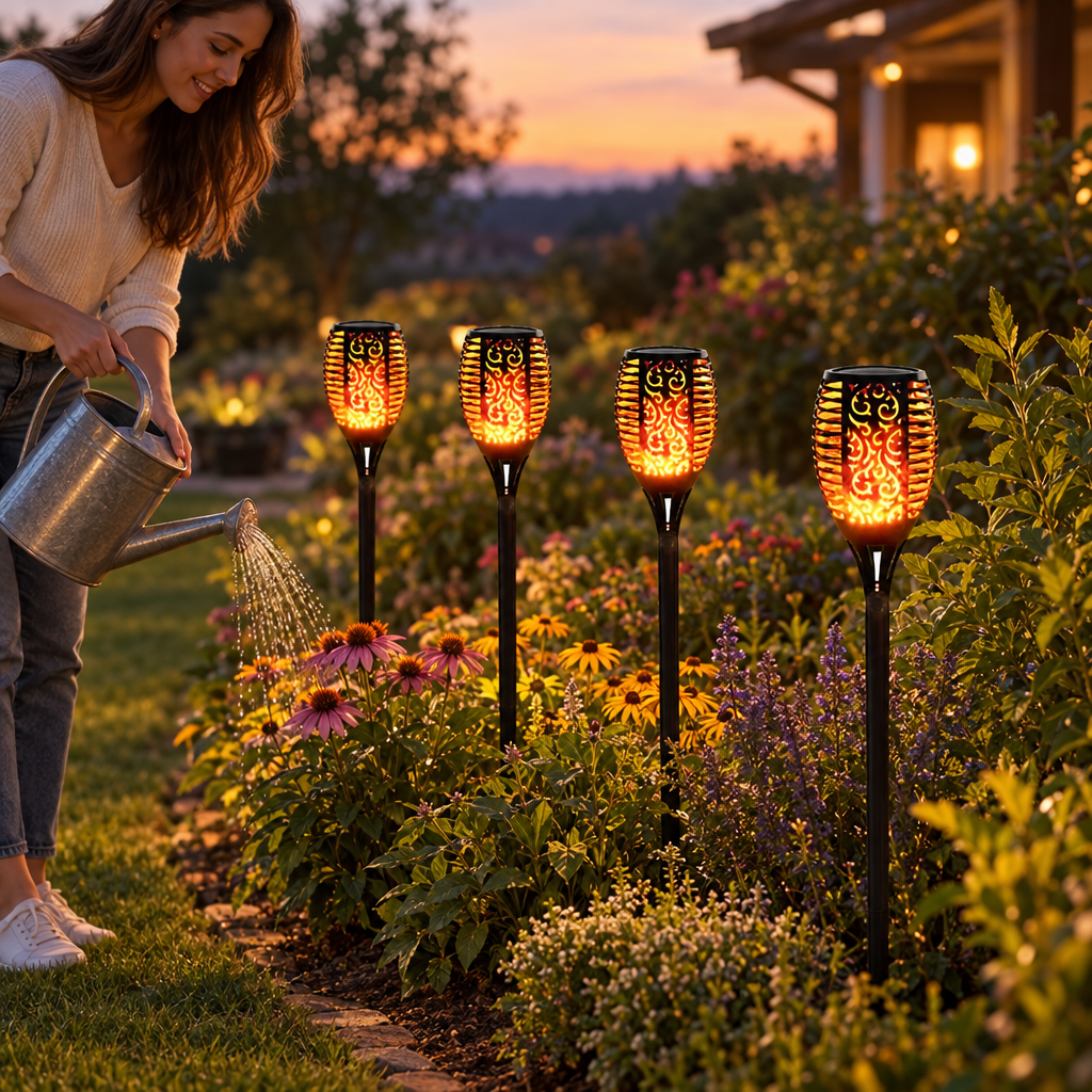 1/2/4Pack 96LED Solar Lights Flame Flickering Torch Outdoor Waterproof in use, lifestyle photo