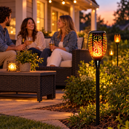 1/2/4Pack 96LED Solar Lights Flame Flickering Torch Outdoor Waterproof in use, lifestyle photo